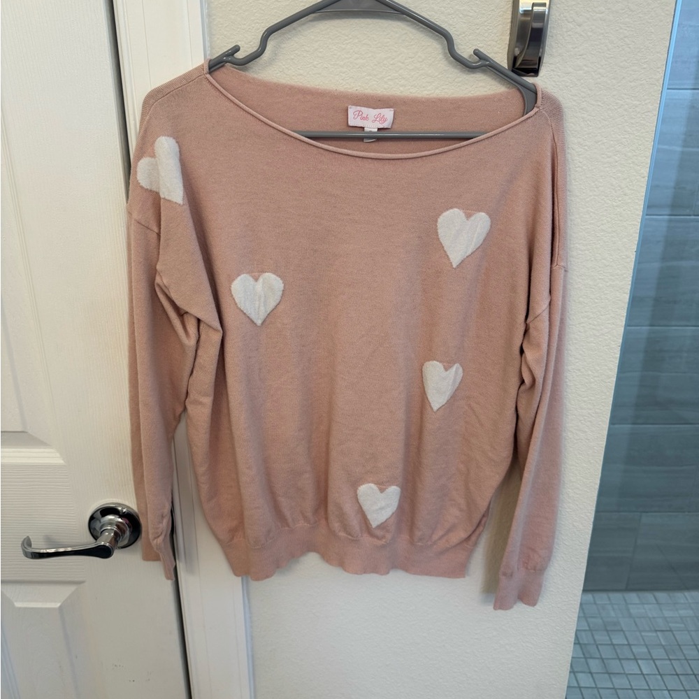 Pink Lily Blush Sweater with White Heart Details